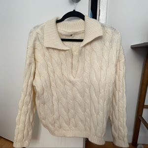 Oversized Cream Cable Knit Sweater with Collar